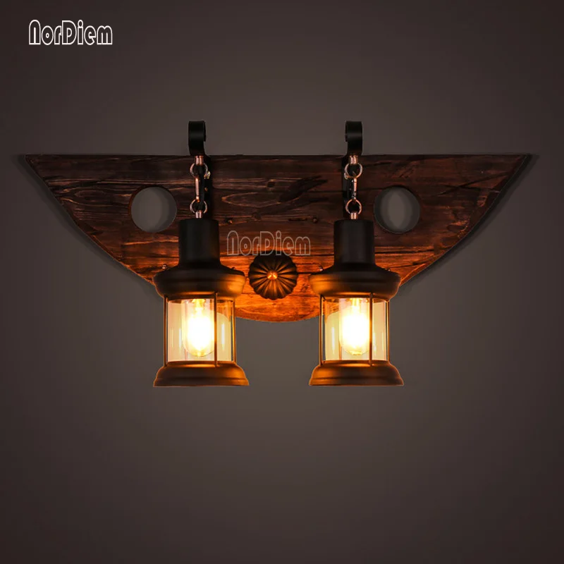 

American Vintage Loft Wall Lamps Corridor Decor Step Light fixtures Retro fancy Wood plate Metal Wall Light for Aisle,Ding room