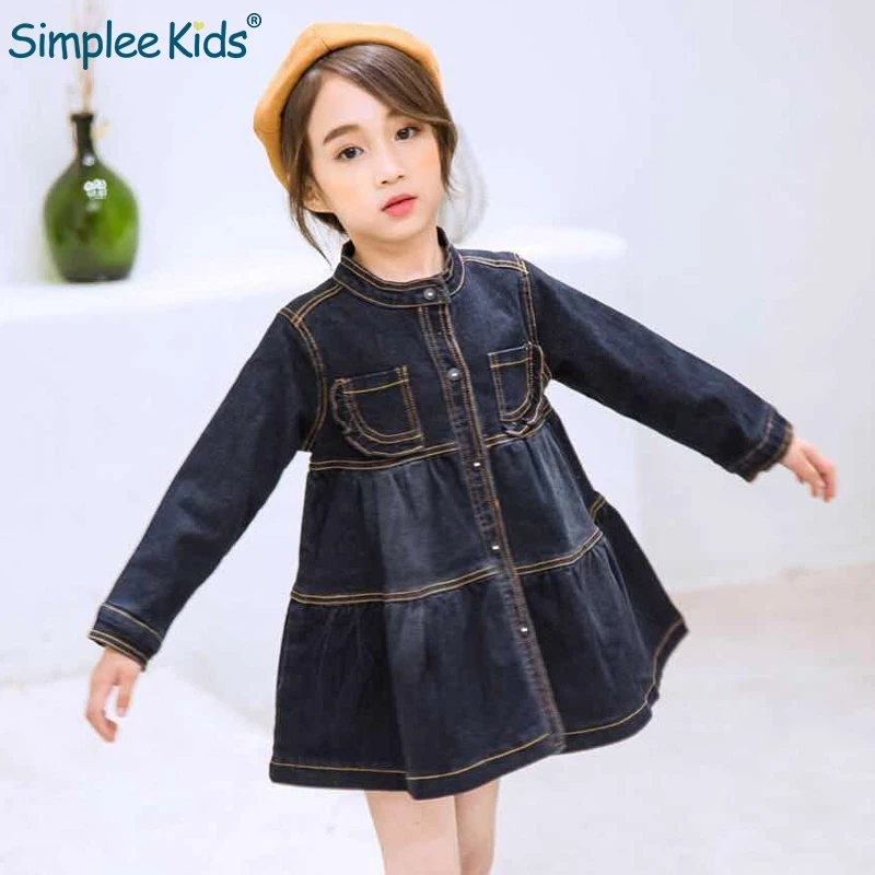 

Simplee Kids dresses 2018 Autumn girl denim dresses black Long sleeve fall clothes with pockets Casual loose dress for girls