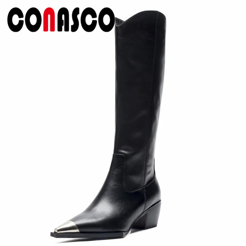 

CONASCO Brand Women Genuine Leather Knee High Boots Metal Toe Zipper Sexy Pointed Toe Party Wedding Shoes Woman High Boots