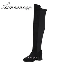 Женские сапоги до колена; женские зимние теплые высокие замшевые сапоги Leica на толстом каблуке; женская пикантная обувь с заклепками в готическом стиле; большие размеры