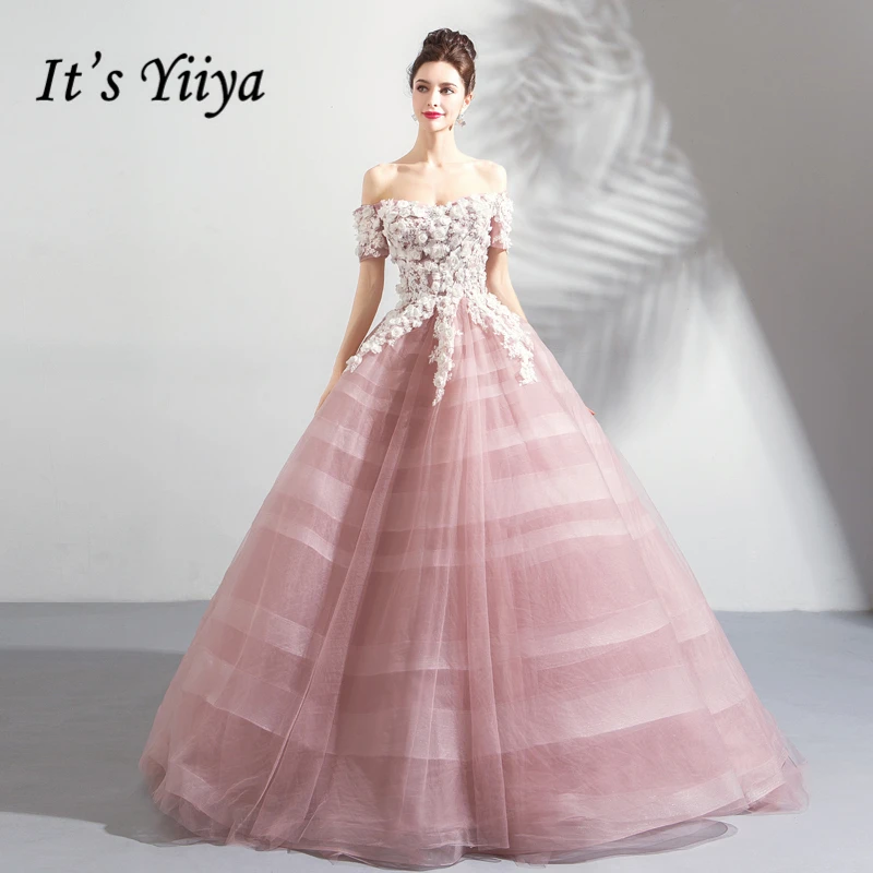 

It's YiiYa Evening Dress 2018 Boat Neck Elegant Fashion Flower Organza Floor-length Evening Gowns LX1230 robe de soiree