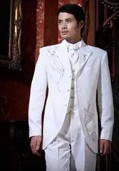 Классический Стиль белый Вышивка жениха Смокинги для женихов Для мужчин свадебные костюмы для выпускного индивидуальный заказ (куртка +