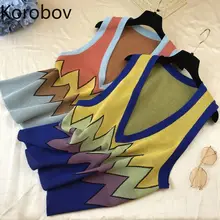 Korobov Женский Повседневный вязаный жилет без рукавов с v-образным вырезом, свитера, топы, корейская мода, лоскутный топ на бретелях, пуловеры 78666