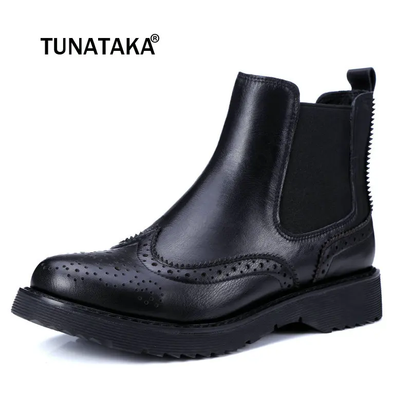 

Women Genuine Leather Chelsea Ankle Boots Comfortable Flat With Round Toe Autumn Shoes Black