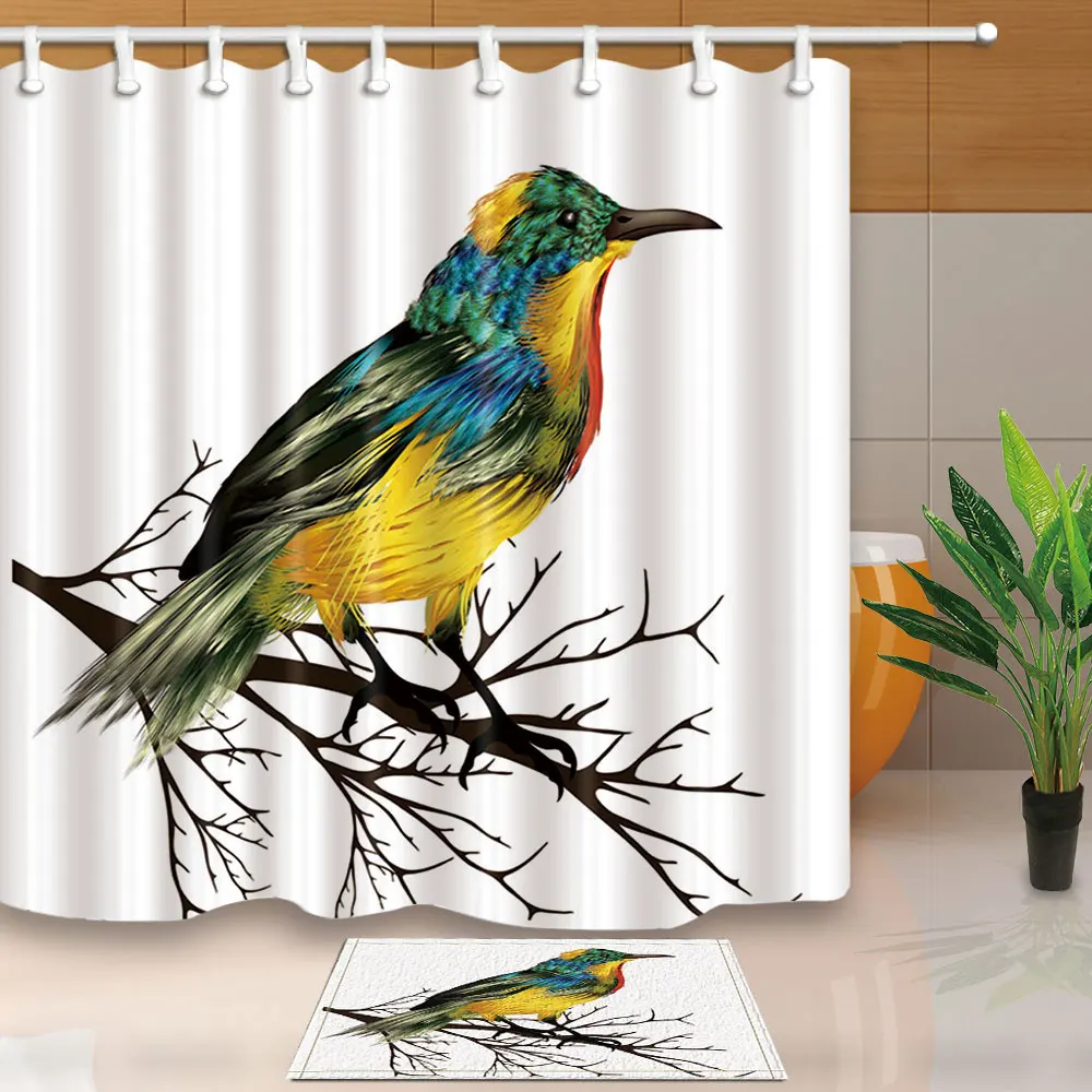 Polyester Fabric Shower Curtains Colorful Birds on Branch White Bathroom Waterproof and Mildew Proof With 12 Hooks | Дом и сад
