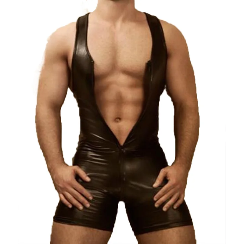 

Sexy Men Faux Leather Jumpsuit Long Zipper to Crotch Sleeveless Bodysuit Fetish Costume Short Pant DS Nightclub Exotic Clubwear