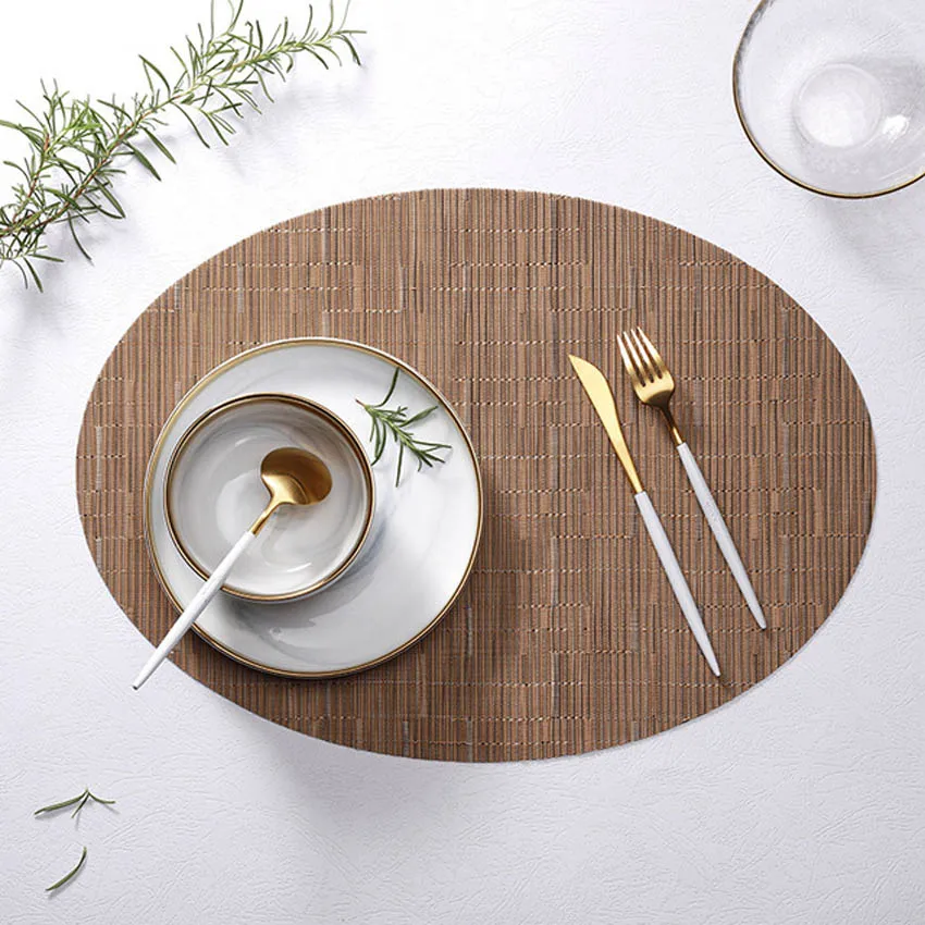 

Bamboo Grain Painting Placemats Oval Table Mat Cup Bar Mat Kitchen Accessories PVC Adiabatic Can Be Washed Coffee Table Bowl Pad