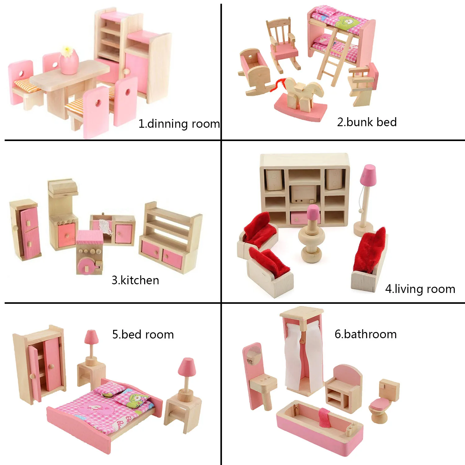 

6 Assorted of Wooden Miniature Dollhouse Furniture DIY Mini Wood Doll House Kitchen Cabinets Bed Bathroom Living Room Doll Toy