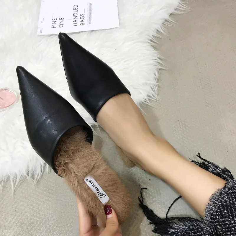 

Closed pointy toe mules slippers women winter rabbit fur slip on lazy shoes cat heels brand design leather furry slides ladies