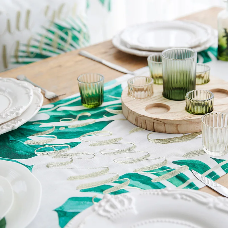Miz Table Runner For Wedding Leaves Print Green Flag 45 180 Miz Table Runner For Wedding Leaves Print Green Flag 45 180 Rectangle Tropical Style Slabbed Fabric In Runners From Home