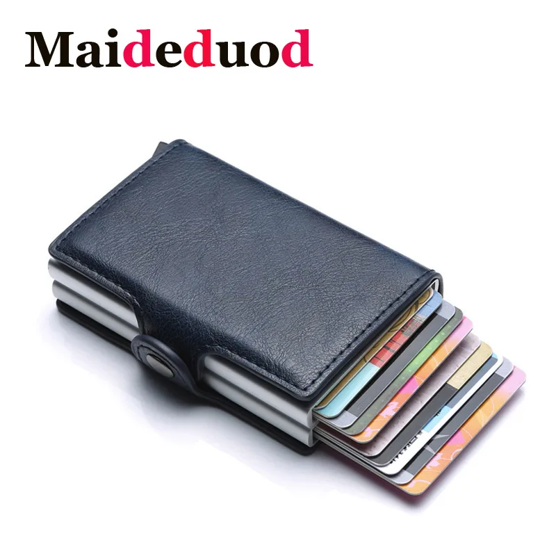 

Maideduod Fashion Double Metal ID Credit Card Holder RFID Blocking Aluminium Leather Business Cardholder Wallets Hasp Mini Purse