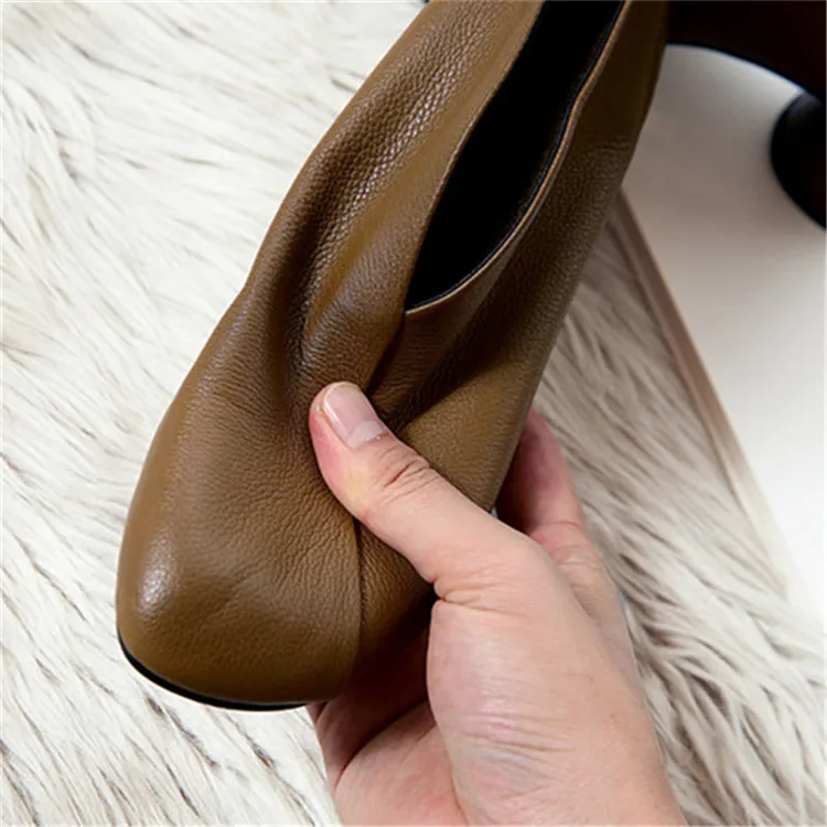 Women Boots Shallow Solid Women Genuine Leather Shoes Soft Square Toe High Heel Thick Ankle Boots