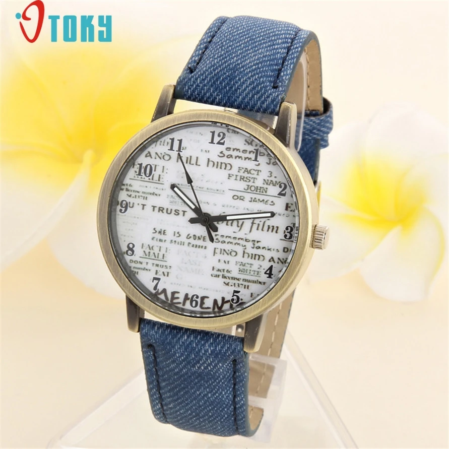 Drop Shipping Retro Letter Print Watch Women Men Denim Jeans Leather Quartz WristWatch 170626in