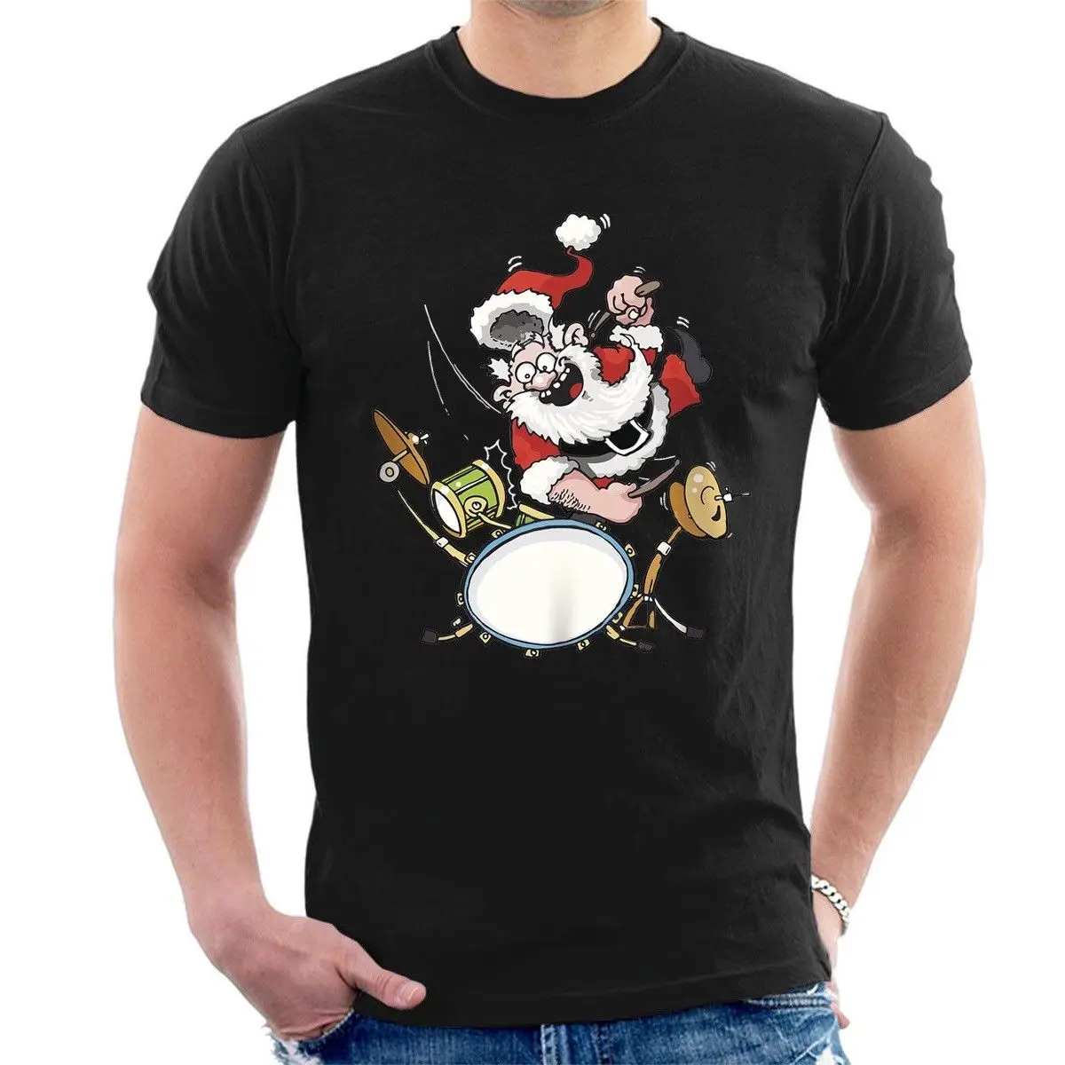 Санта-Клауса DRUMMER рок-звезда футболки xmas Рождественская футболка paiste zildjian A12 |