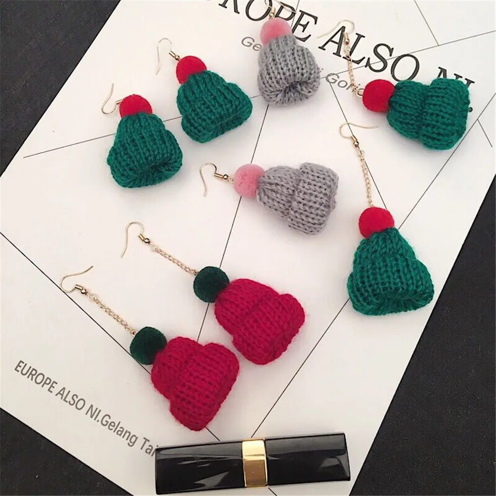 CRLEY Winter Drop Earrings for Women Red Green Wool Cap Christmas Wedding Party Jewelry Cute Shipping | Украшения и аксессуары