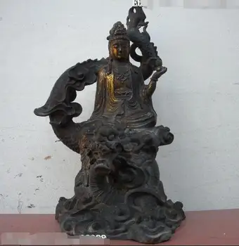 

10"Tibet Buddhism Bronze gild Kwan-Yin Ride Dragon Bodhisattva Buddha statue