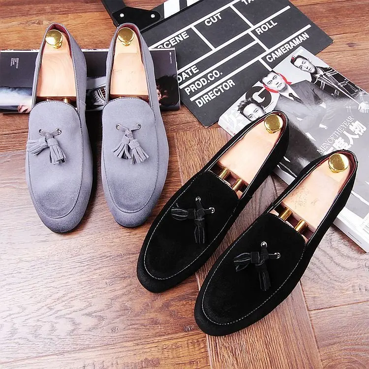 Tassel Fringe Gray Black Loafers Man Shoes Flats Spring Suede leather