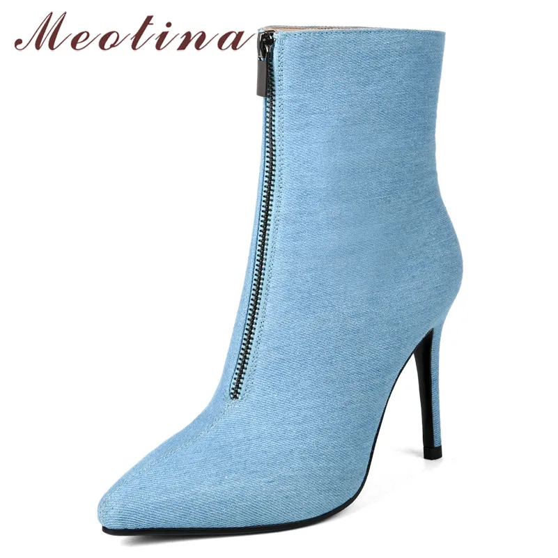 

Meotina Women Boots Autumn Ankle Boots Denim Thin Heels Short Boots Zipper Super High Heels Shoes Female Spring 2019 Size 34-40