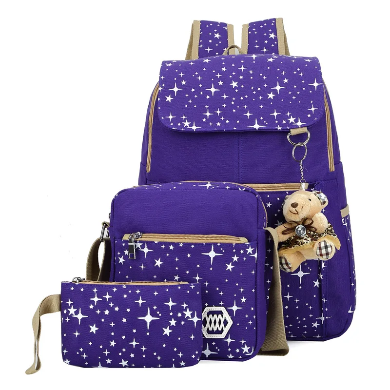 Летний женский холщовый рюкзак с принтом звездного неба, Студенческая сумка, комплект из 3 предметов, школьная сумка для девочек Younth с двумя сумочками и медведем - Цвет: Фиолетовый