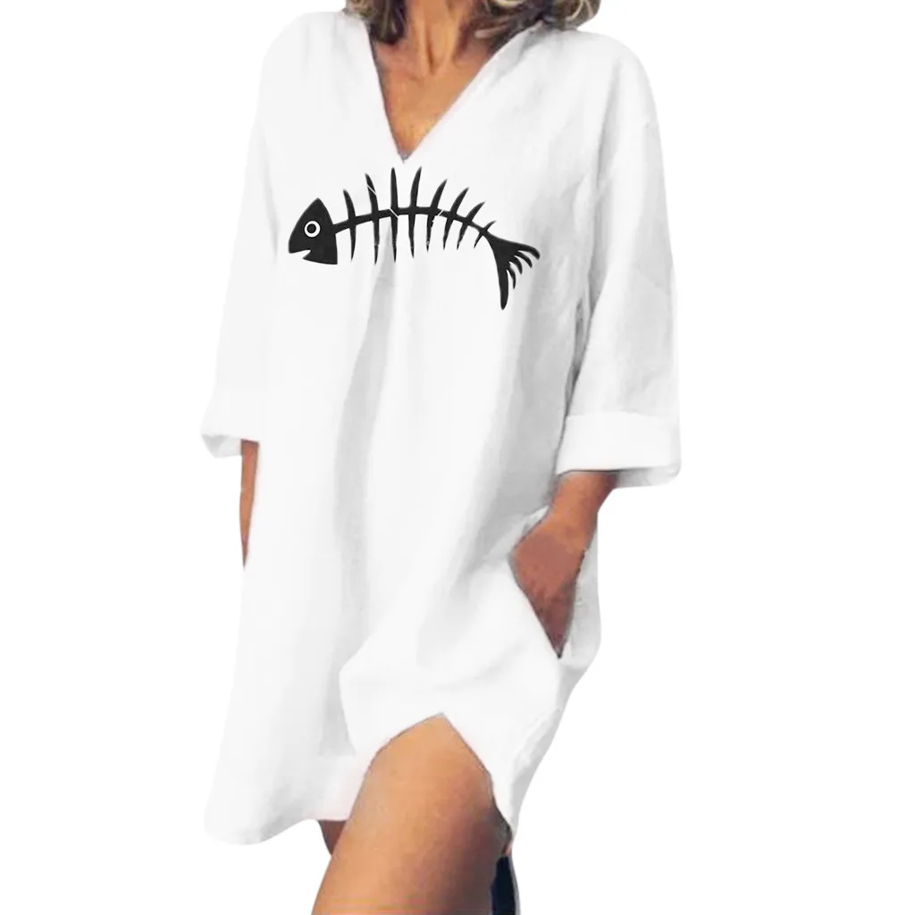 

Women Loose Casual Fishbone V Neck Long Sleeved White Mini Dress Summer Dress With Pockets #0516