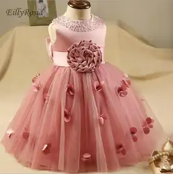 Розовое платье с цветочным узором для девочек, элегантное Тюлевое бальное платье ручной работы с цветами и бисером, платья для первого