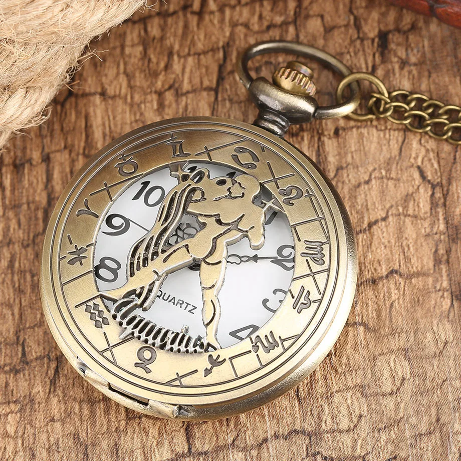 Fashion New 12 Constellation Aquarius Pocket Watch Retro Old American Flip Cover Children Students Hanging Pendant Quartz Watch (12)