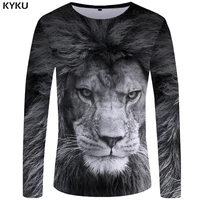 Kyku Leeuw T Shirt Heren Lange Mouw Grijs Cool Animal 3d T-shirt Kleding Punk Streetwear Heren Kleding Nieuwe S-XXXXXL