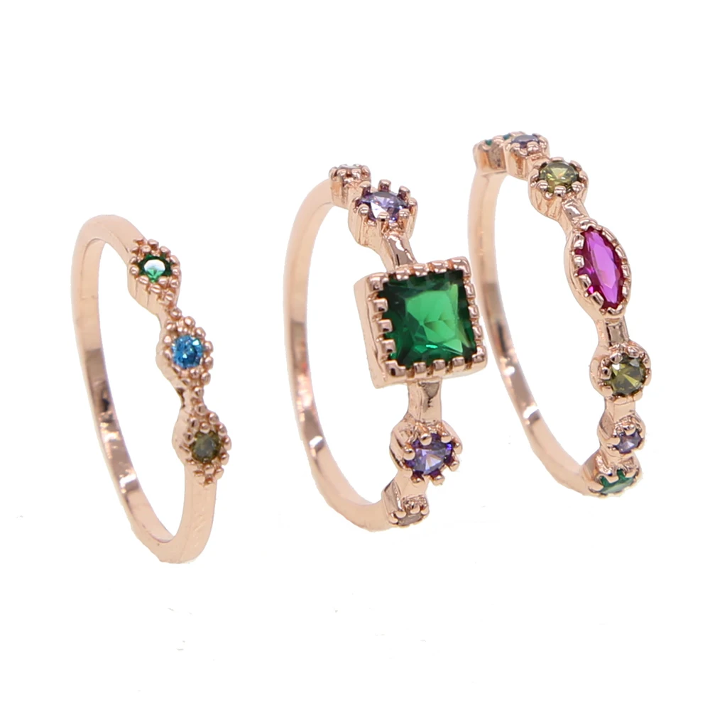 

3Pcs/set elegant colorful cz Ring Fashion Jewelry Oval and square icedout rose gold color wedding midi Rings For Women friend