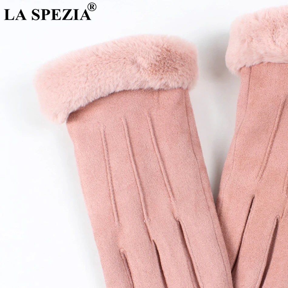 LA SPEZIA, зимние женские перчатки, розовые, замшевые, кожаные, теплые, с мехом, для девушек, байкерские, для вождения, с сенсорным экраном, варежки, серые