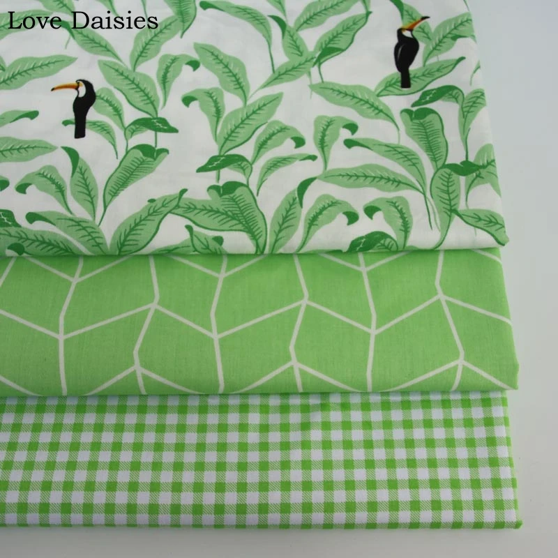 

100% cotton twill fresh green style black birds diamond check fabric for DIY bedding apparel dress patchwork handwork decoration