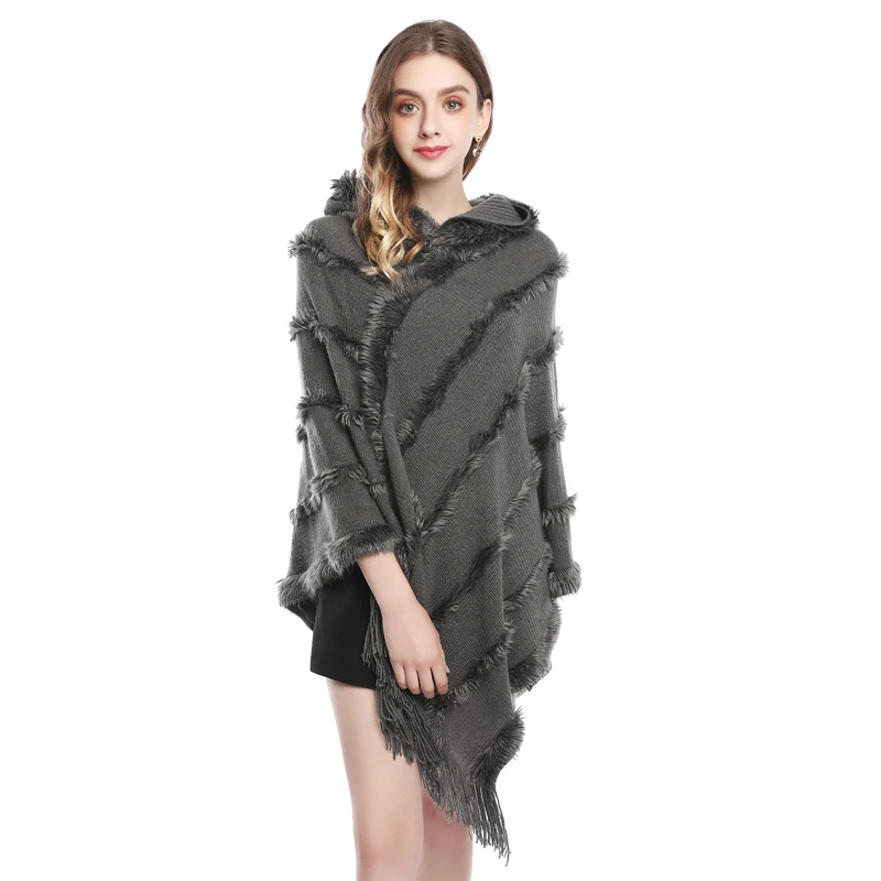 Осеннее вязаное пончо женское меховое пончо с капюшоном и шапками зимнее уличное переносное одеяло пальто Femme флисовый свитер кардиган, большие размеры