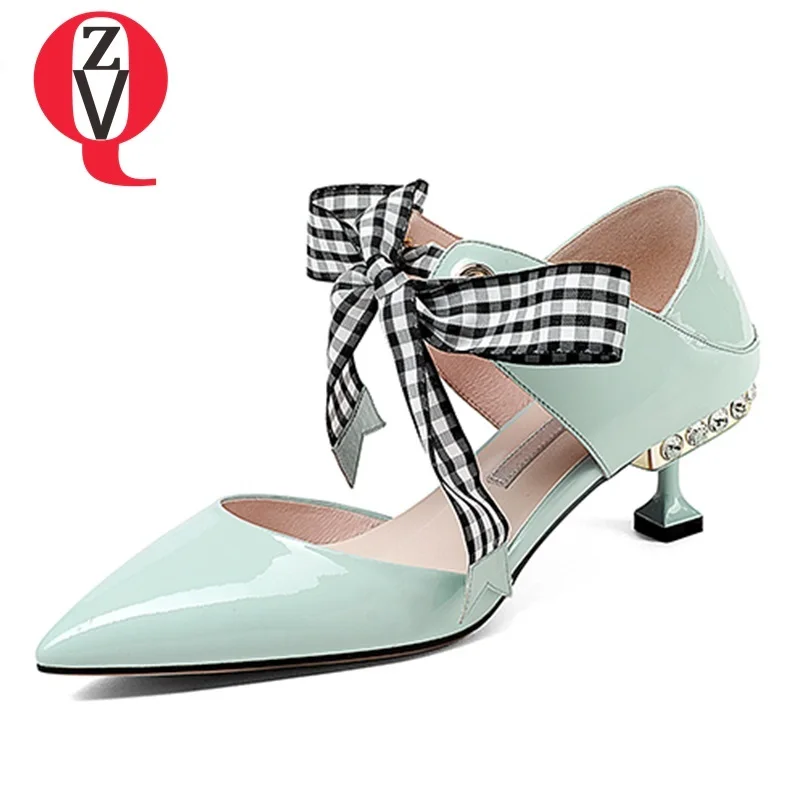 

ZVQ shoes woman 2019 spring newest fashion sexy pointed toe patent leather woman pumps outside high thin heels cross-tied shoes