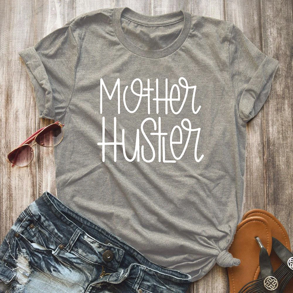 VIN Beauty Fashion 2018 Women T-shirt Mother Hustler Letters Printed T Shirt Solid Gray Short Sleeve Casual Top O-neck Tees