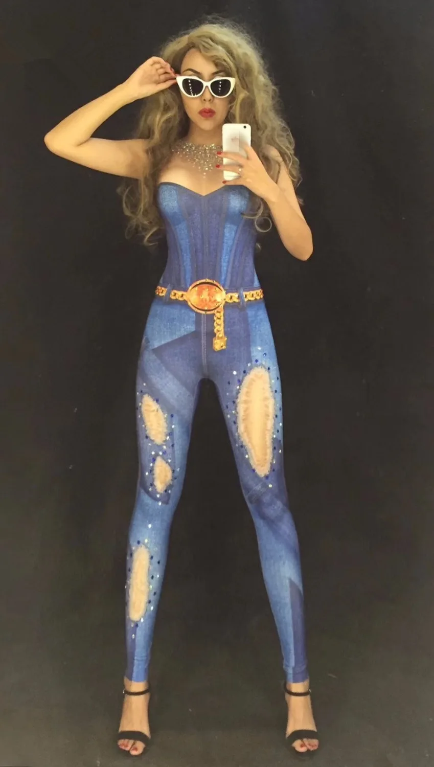 

Nightclub female singer Jazz DJ performance Rompers blue hole jeans leotard elastic Crystal jumpsuit dancer Bar stage costumes