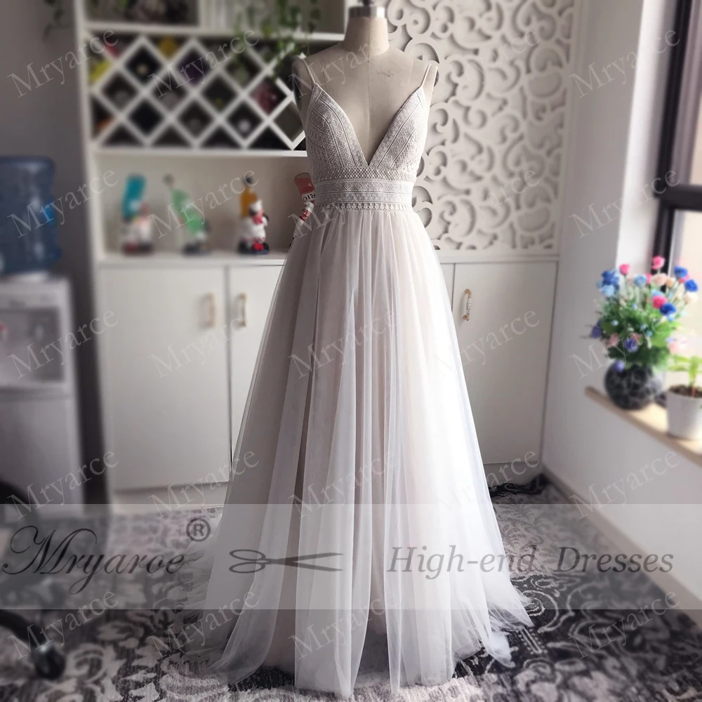Mryarce Sexy Deep V Neck Open Back Bohemian Wedding Dress 2018 Spaghetti Straps Charming Lace Tulle A Line Beach Bridal Gowns  (4)