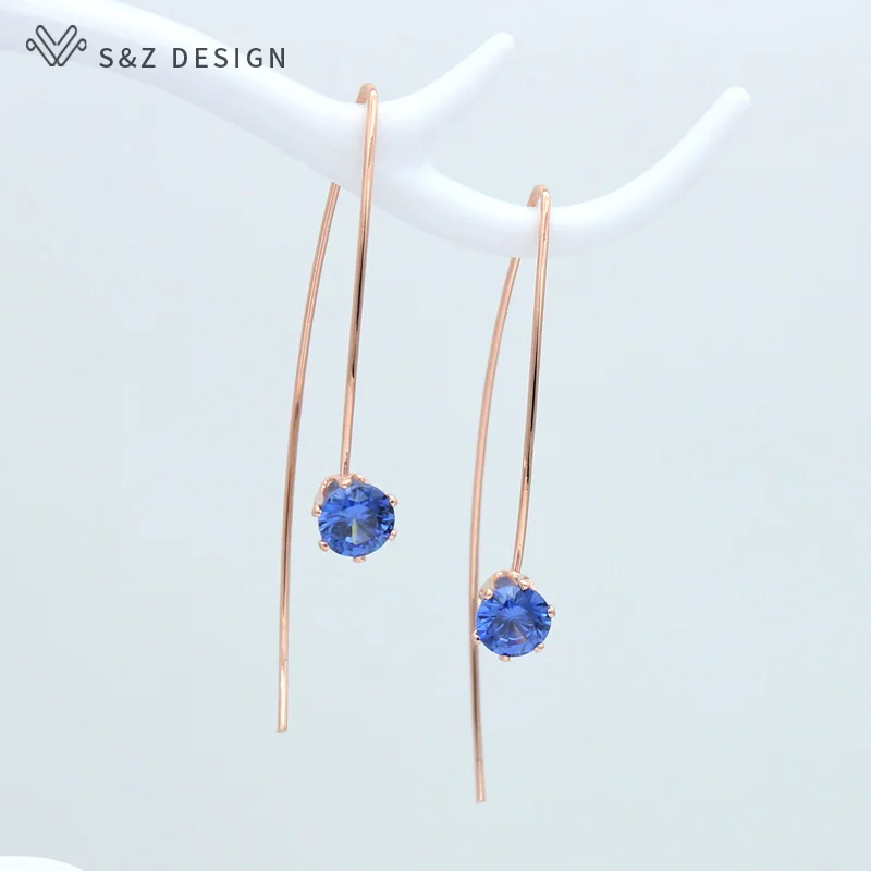 S& Z новые классические круглые длинные висячие серьги с кубическим цирконием 585 розовое золото японский/корейский стиль для женщин подарок на свадьбу - Окраска металла: blue