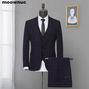 

2019 spring new Men's suit Three-piece suits for men Business casual latticed suit High quality men's Party dress