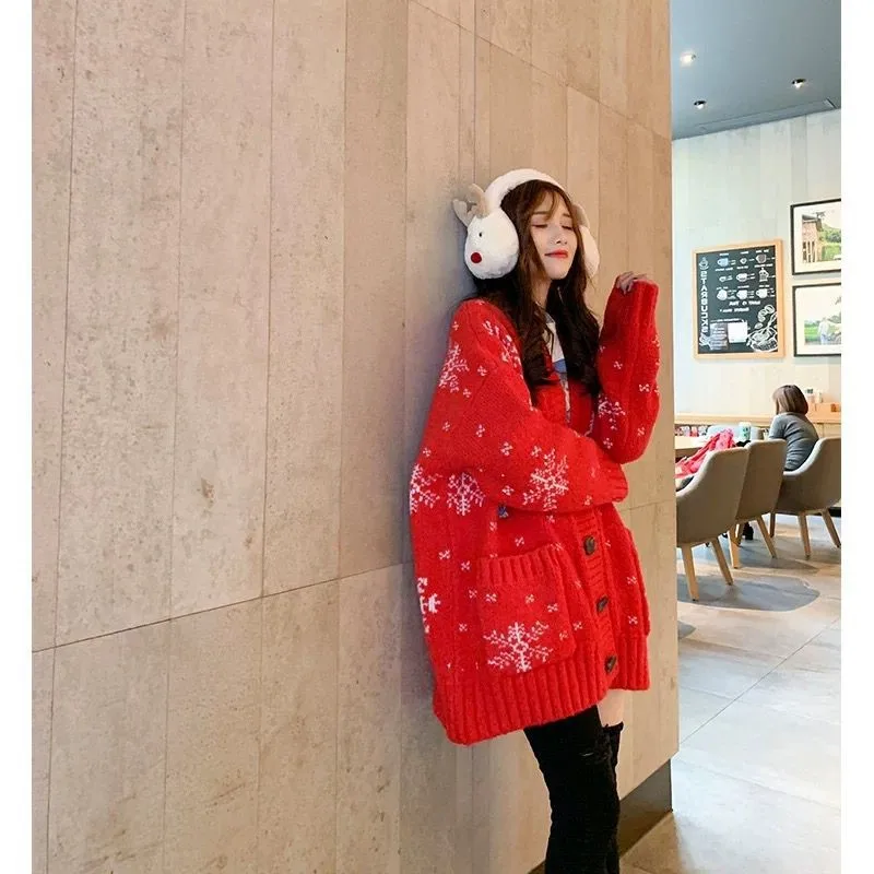 H. SA Весенний женский теплый толстый свитер и кардиганы с v-образным вырезом однобортное пончо Harajuku длинные рождественские кардиганы