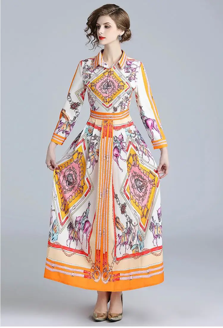 

High Quality Fashion Designer Runway Dress 2018 Autumn Women's Long Sleeve Flower Printed Slim Elegant Pleated Dress Maxi Dress