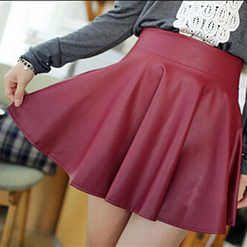 

Preppy Style Women High Waist Bodycon Faux Leather Skirts A Line Flared Skater Club Mini Skirt Pure Color XS-L