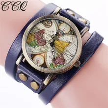 Ccq mujeres de la marca de cuero genuino de la vendimia del remache punky ocasional de la pulsera de moda reloj de cuarzo mapa del mundo reloj relogio feminino c91