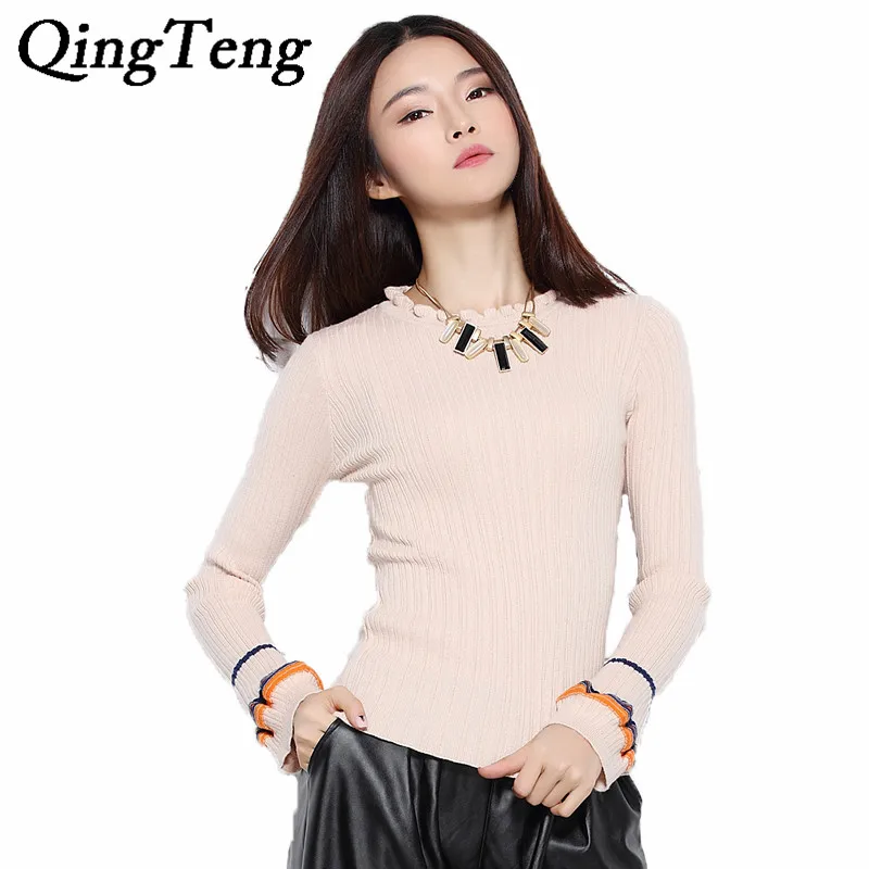 QingTeng Women's Bud Round Neck Knitting Pullover Allover Rib Stripes Lantern Sleeve Sweaters Wool Cashmere Jumper Women Knitted | Женская