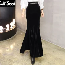 Женские зимние Бархатные длинные юбки русалки, одежда для девушек, винтажные элегантные офисные юбки с высокой талией