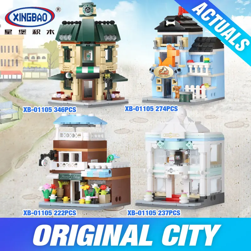 

XingBao 01105 Genuine 1079 Pcs The Coffee Shop Wedding Store Flower Shop Pet Shop Set 4 in 1 Building Blocks Bricks Toys Model