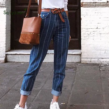 

Hipster Stripe Denim Straight Pants 2019 Women Summer Streetwear High Waist Button Pocket Ankle-Length Casual Elasticity Jeans