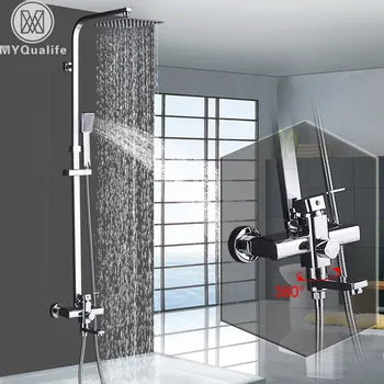 

Wall Mounted 8" Big Rainfall Shower Mixer Set Single Lever Bath Shower Faucet Swivel Tub Spout Chrome Hot and Cold Water Shower