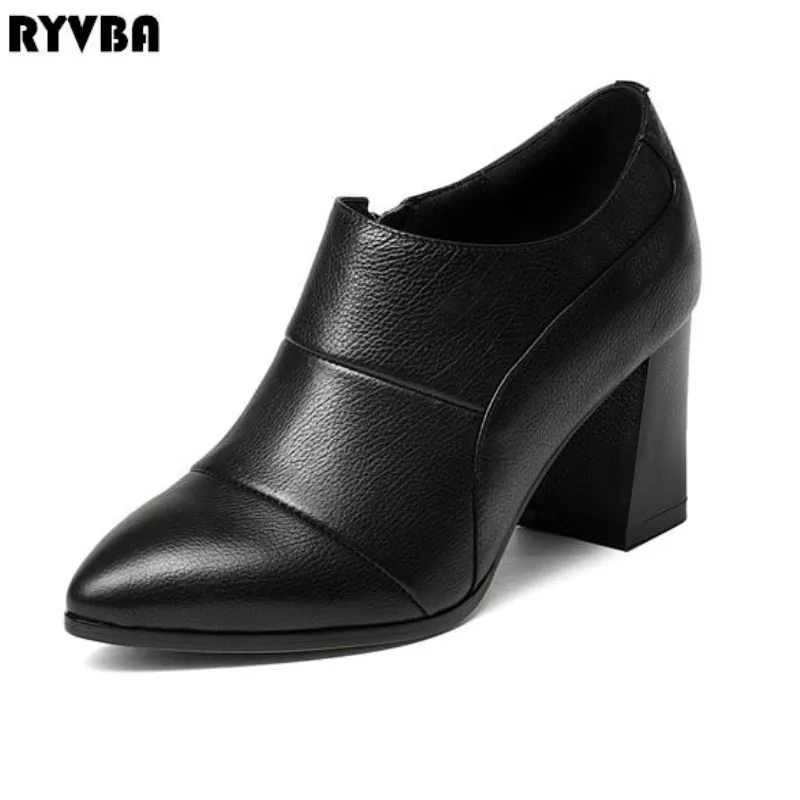 

RYVBA women cow genuine leather thick high heels pumps woman pointed toe shoes ladies fashion 2019 HOT spring autumn work shoes