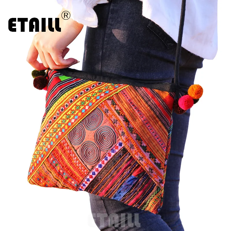 ETAILL National Trend Bohemian Boho India Thai Ethnic Embroidered Bag Handmade Double Faced Embroidery Messenger Shoulder Bag