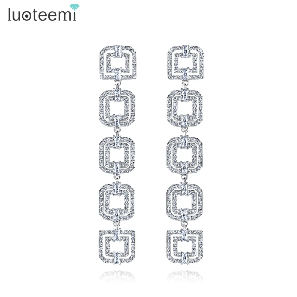 

LUOTEEMI Exaggerated Long Drop New Fashion Brand Luxury Full Zircon Square Statement Dangle Earrings For Women Jewelry Bridal