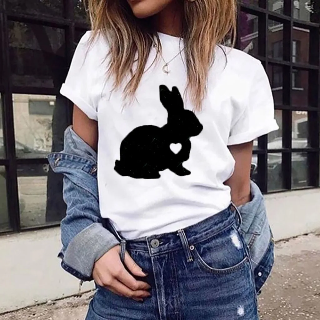 Feitong, крутая женская футболка с принтом, женская, плюс размер, принт в виде кролика, короткий рукав, белая футболка, баланс, минималистичный Топ